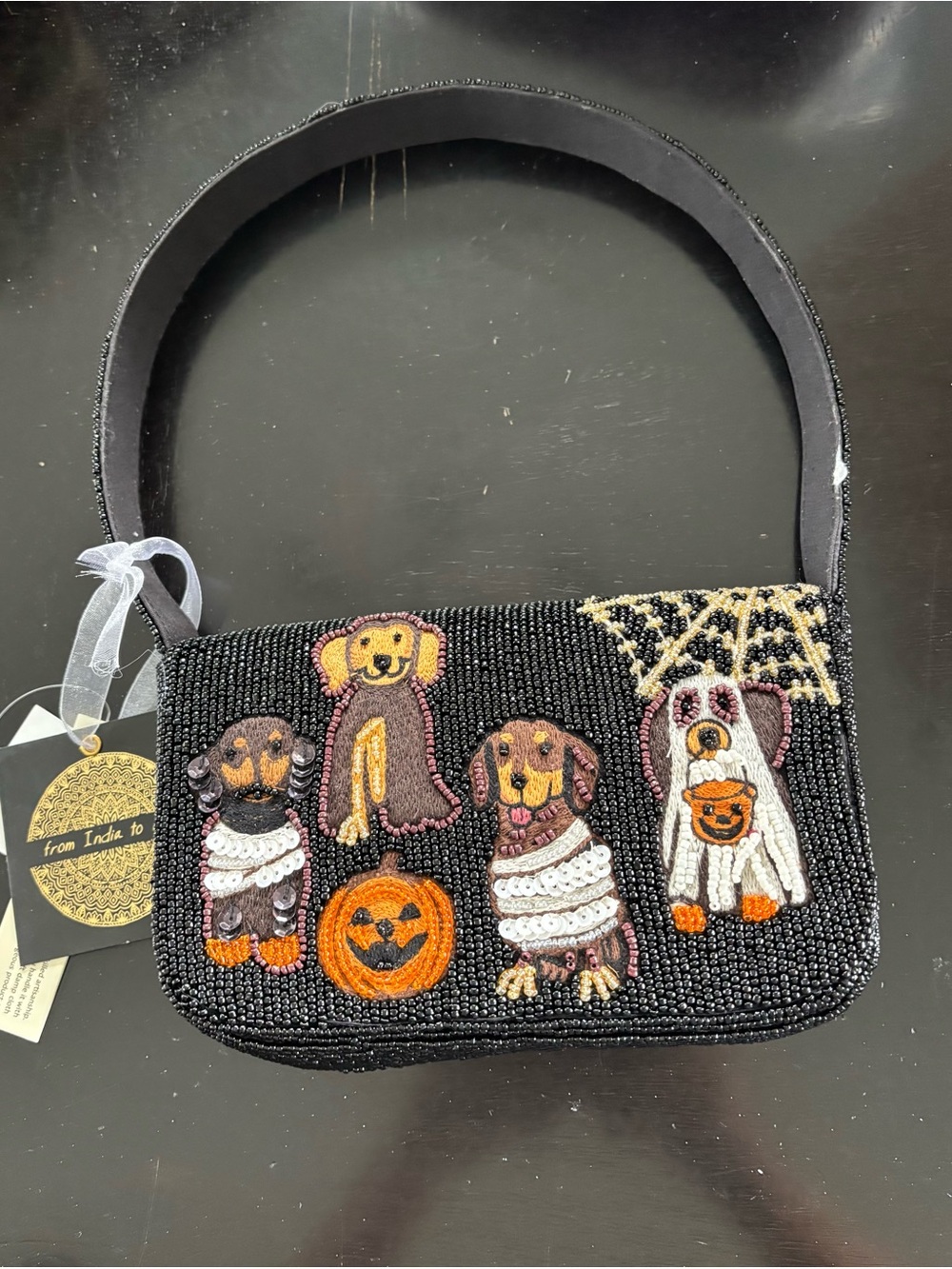 Beaded Halloween Dogs Shoulder Bag - Black